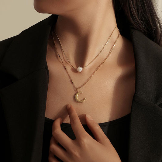 Titanium Steel Real Gold Simple Moon Stainless Steel Pendant Personality Pearl Double Layer Necklace Jewelry Women