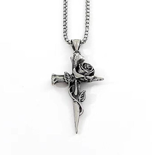 Retro Rose Cross Necklace Men and Women Same Style Ins Fashion Creative Couple Sweater Chain Hip-Hop Accessories