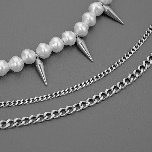 Cold exaggerated trendy stainless steel bullet three-layer pendant titanium steel domineering pearl men's clavicle necklace