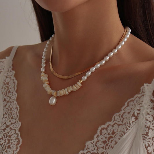 N9995 Simple Double Layer Necklace Female Imitation Pearl Stone Temperament Lady Necklace French Cold Necklace