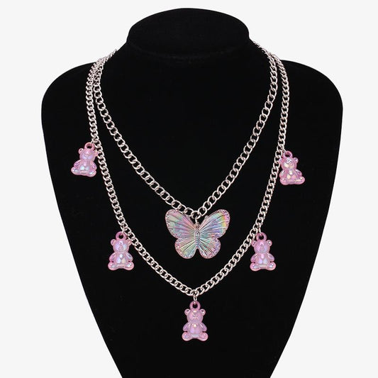 Jewelry Fashion Exaggerated Big Butterfly Clavicle Chain Female Jelly Color Cartoon Bear Pendant Necklace