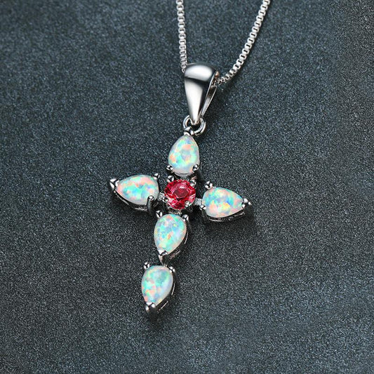 Explosive cross pendant necklace women's summer collarbone chain opal jewelry with diamond head jewelry