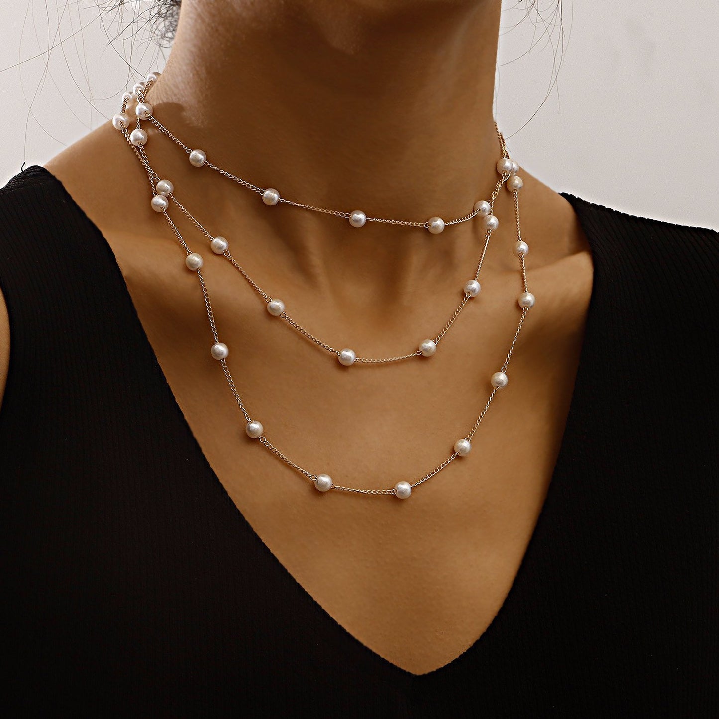 Jewelry simple geometric thin chain pearl multi-layer necklace female personality light luxury pearl necklace