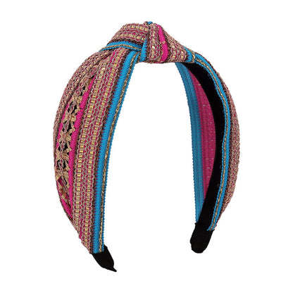 F441 Fashion Retro Headband Contrasting Color Braided Geometric Knotted Headband Ethnic Wide-Brim Trendy Hairpin