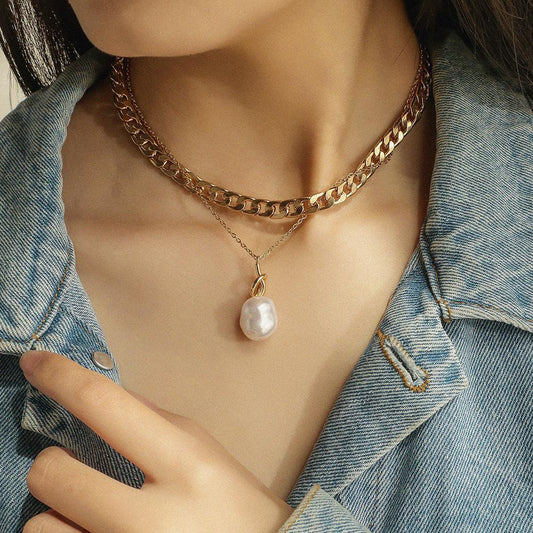 ins personality necklace double metal chain baroque special-shaped pearl pendant exaggerated clavicle chain