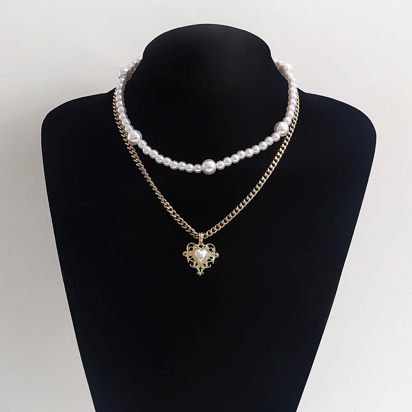 Jewelry trend double-layer imitation pearl love pendant necklace female hot girl all-match beaded necklace