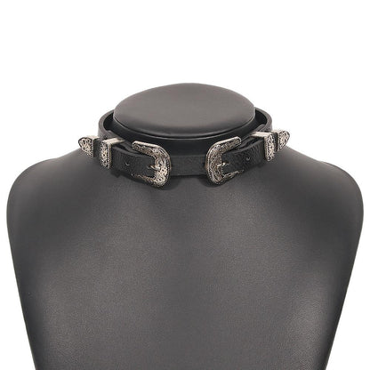 N9556 Street Shot Exaggerated Necklace Personality Neck Leather Necklace Metal Buckle Fashion Choker