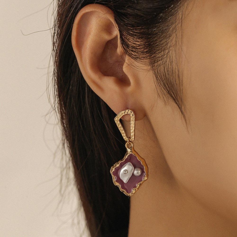 Ins geometric purple dripping oil earrings Baroque special-shaped pearl pendant personality temperament accessories