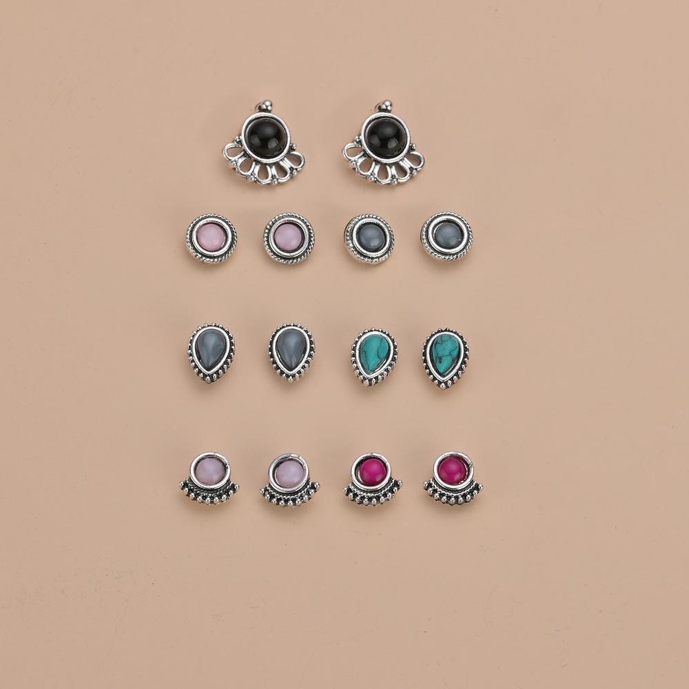 Fashion Retro Resin Alloy Small Stud Earrings Water Drop Oval Geometric Multi-Piece Set Earring Accessories