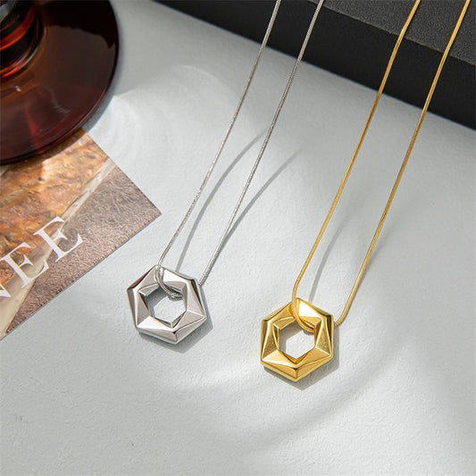 French niche trendy brand jewelry hollow simple design metal square necklace hexagonal short collarbone chain