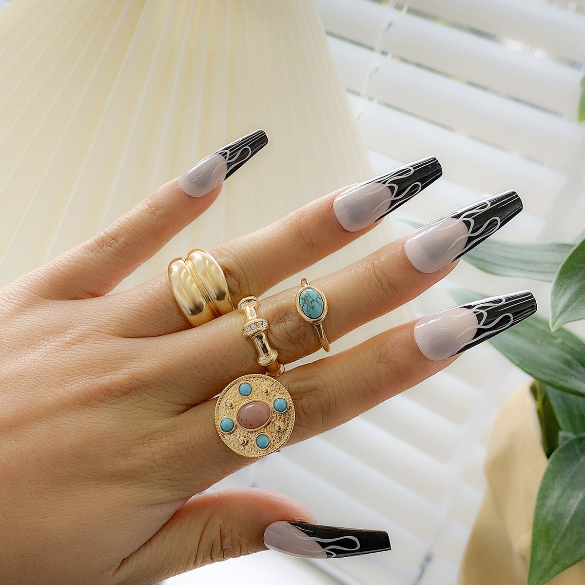 Retro court inlaid turquoise ring set metal texture bamboo ring index finger ring female