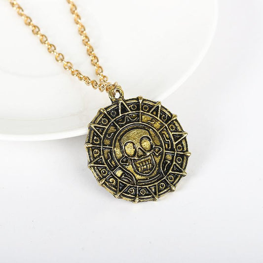 Movie Jewelry Pirates of the Caribbean Necklace Aztec Gold Coin Chain Men's Skull Necklace Pendant