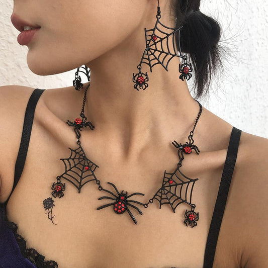 N935 Exaggerated Earrings Necklace Set Dark Halloween Spider Web Diamond Earrings Necklace