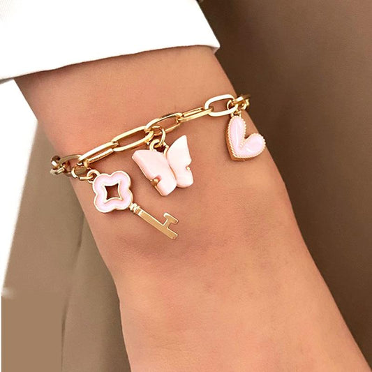 Pink Butterfly Heart Bracelet Female Punk Hip Hop Thick Chain Bracelet Temperament Girlfriend Gift