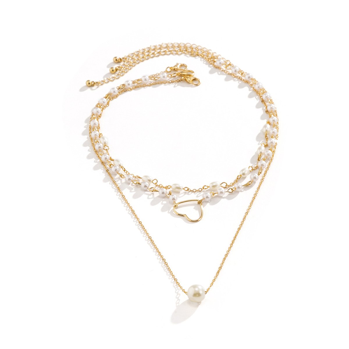 Jewelry simple round bead metal chain necklace temperament imitation pearl heart-shaped multi-layer necklace female
