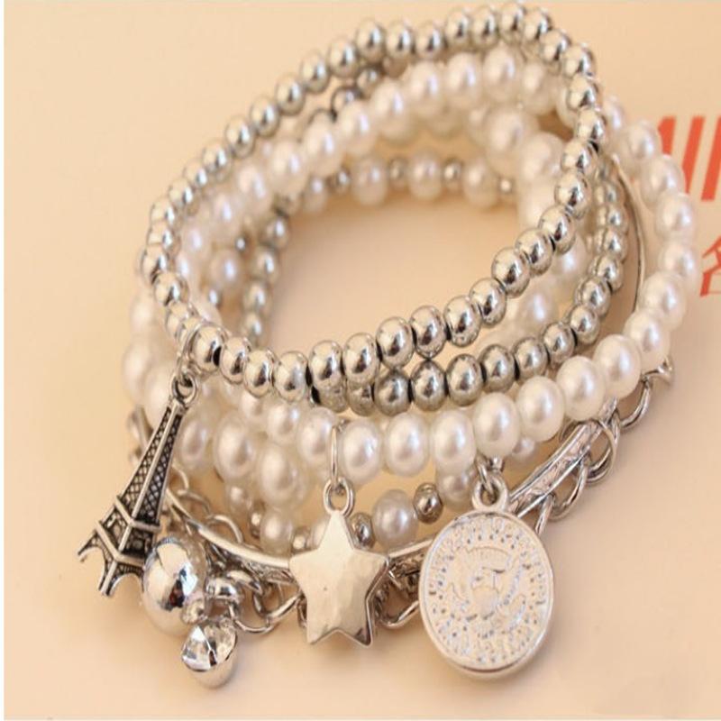 Multi-element Eiffel Tower Pearl Retro Bracelet Coin Six-piece Set Jewelry Multi-layer Elastic Bracelet