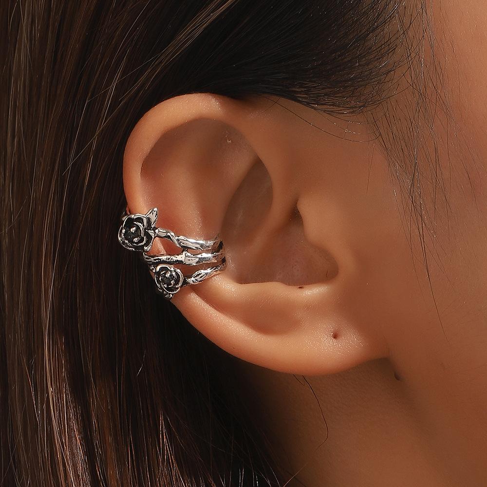 ins thorn rose ear clip without ear piercing retro fashion metal old flower ear bone clip personality earrings