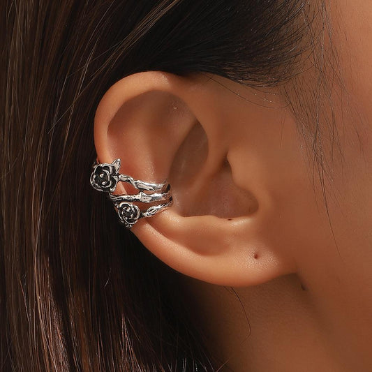 ins thorn rose ear clip without ear piercing retro fashion metal old flower ear bone clip personality earrings