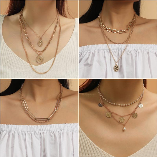 Multi-layer necklace hip-hop metal thick chain long collarbone chain personality men and women stacked necklaces