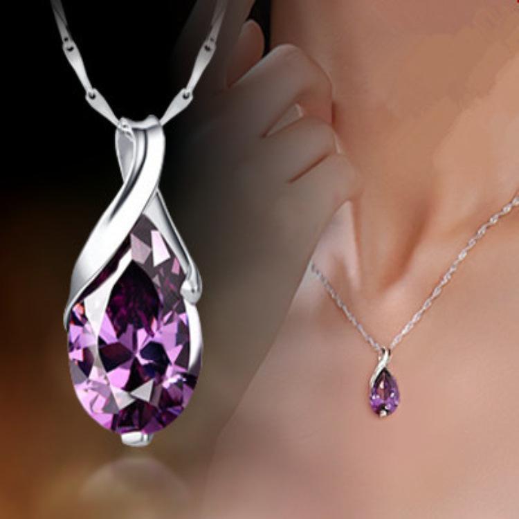 Fashion Purple Crystal Ladies Necklace Angel Tears Pendant Jewelry