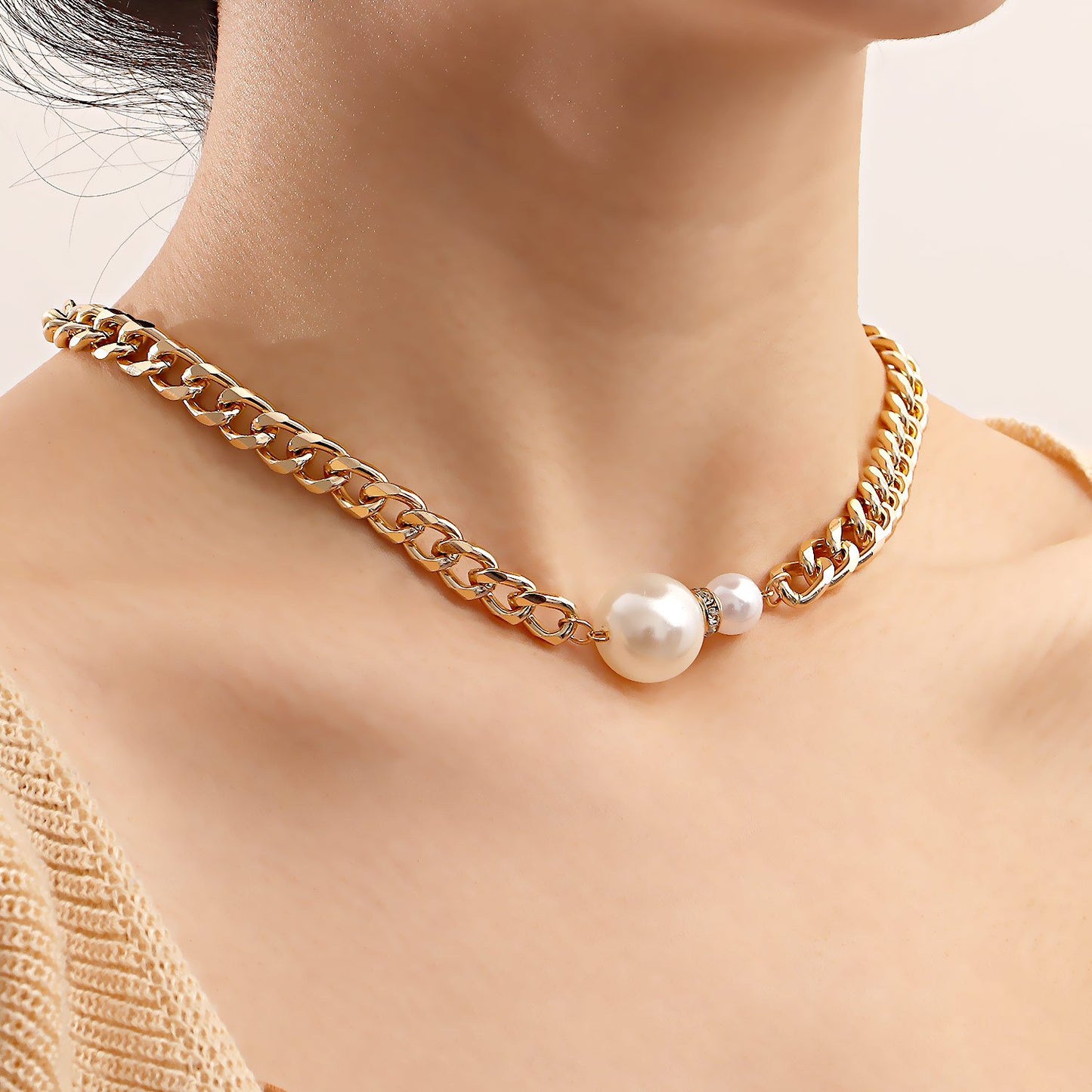 Ins jewelry imitation baroque pearl exaggerated pendant necklace retro street thick chain necklace