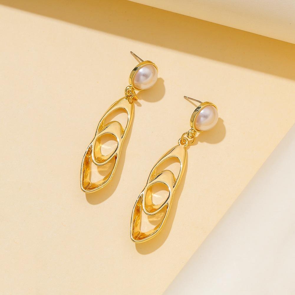 Earrings Jewelry Temperament Pearl Simple Geometric Double Oval Metal Earrings Advanced Sense Versatile Earrings