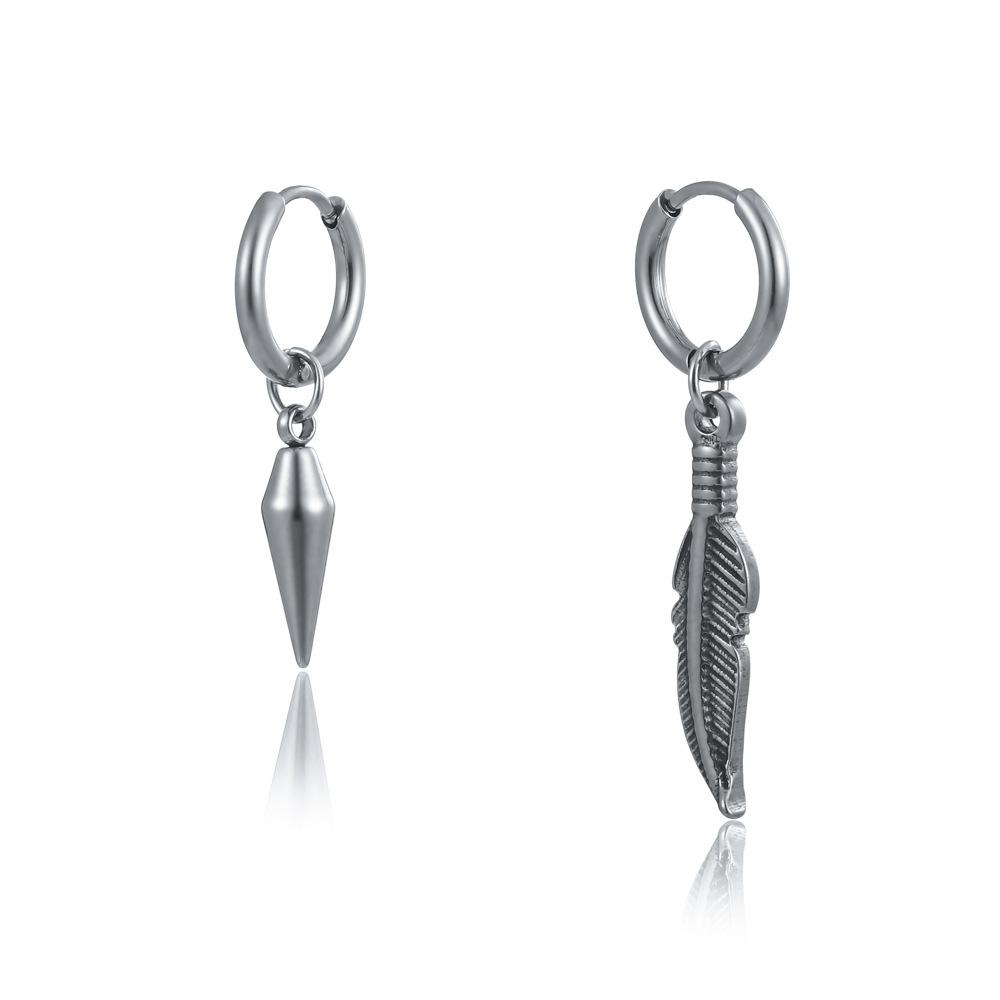 Trend personality niche fashion men's stainless steel asymmetric rivets feather earrings earrings earrings earrings