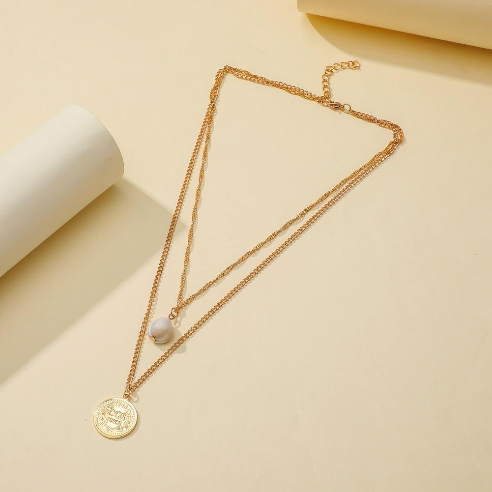 INS jewelry temperament simple freshwater pearl retro metal coin pendant fashion double layer necklace