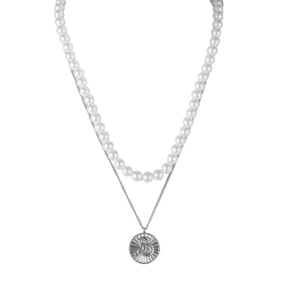 Trend collocation double-layer stainless steel embossed coin pendant double-layer pearl collarbone chain necklace men