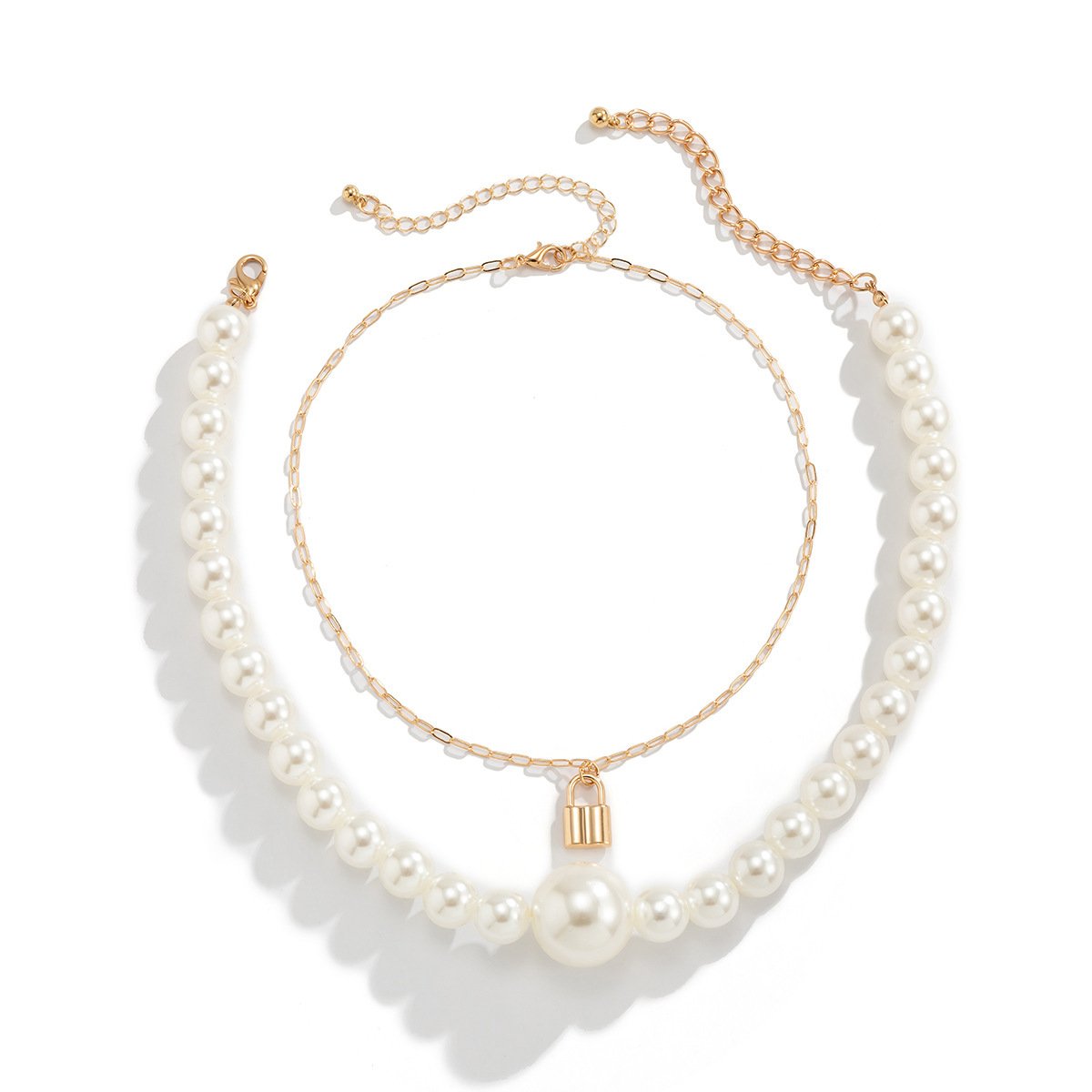Jewelry Exaggerated Imitation Pearl Beaded Double Layer Necklace Female Retro Lock Chain Stacked Necklace