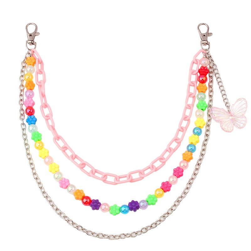 Multi-layer ins colorful flower beads string pink butterfly street shooting waist chain fashion hip-hop pants chain body chain