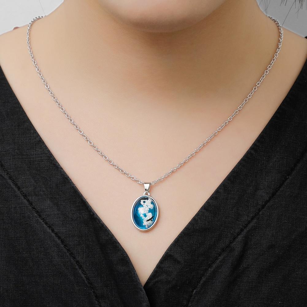 ETSY Creative Handmade Jewelry Blue Sky White Cloud Eagle Pendant Oval Transparent Resin Necklace