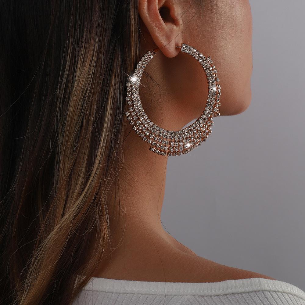 E135 Exaggerated Claw Chain Earrings Rhinestone Tassel Large Circle Earrings Sexy Light Luxury Vintage Earrings