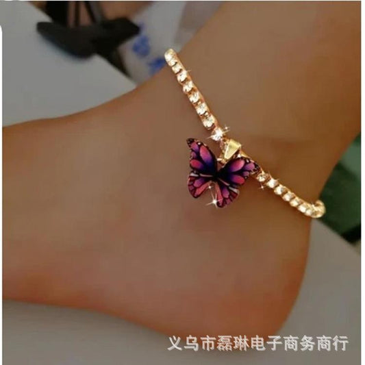 Creative Rhinestone Butterfly Pendant Anklet Women's Popular Butterfly Element Shiny Diamond Foot Jewelry for Women