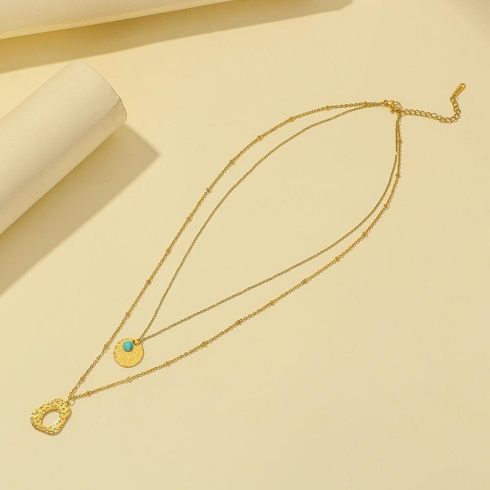 Irregular cracked coin pendant double stacked necklace niche design turquoise pendant clavicle chain