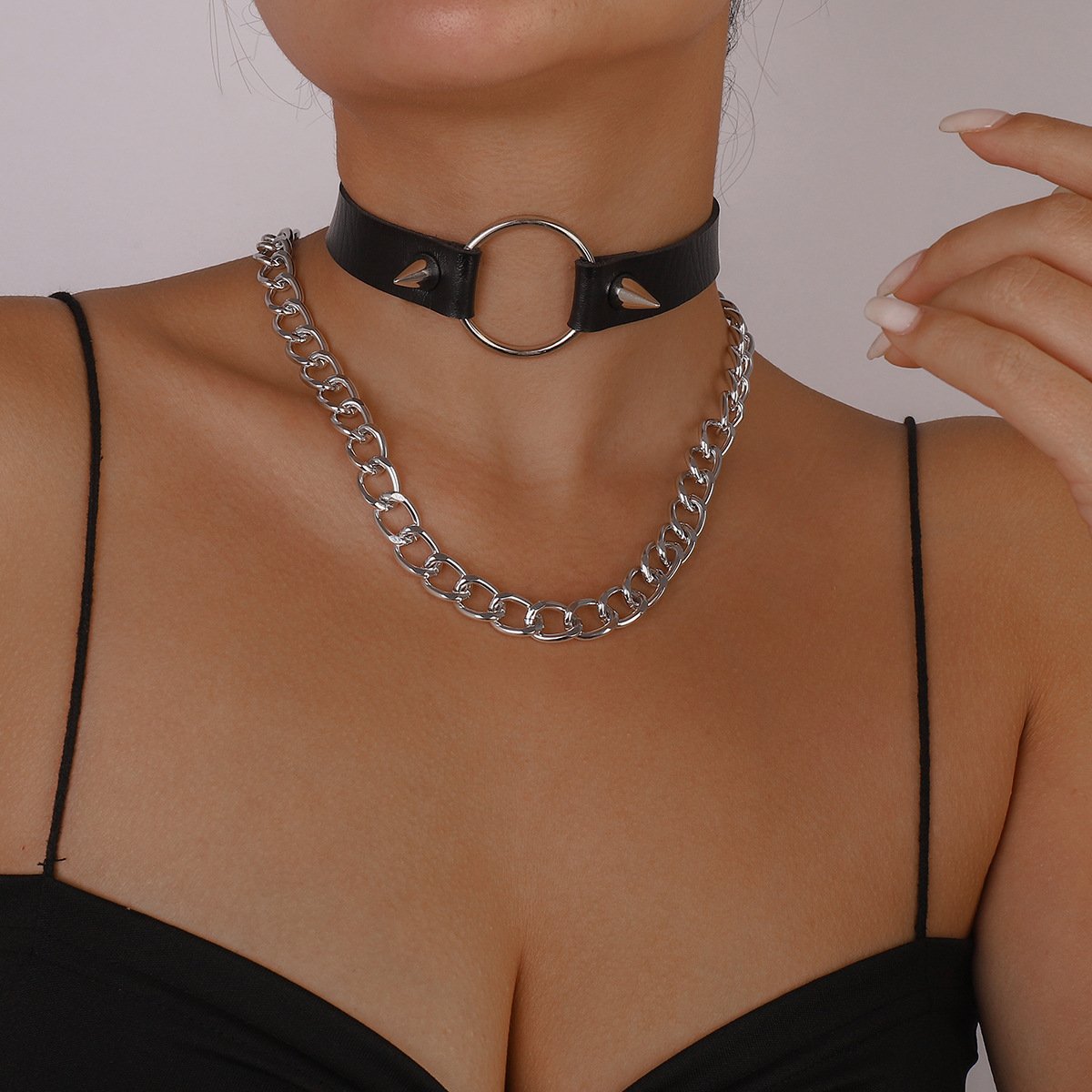 N158 Harajuku Leather Collar Exaggerated Chain Rivet Gothic Choker Vintage Exaggerated Necklace