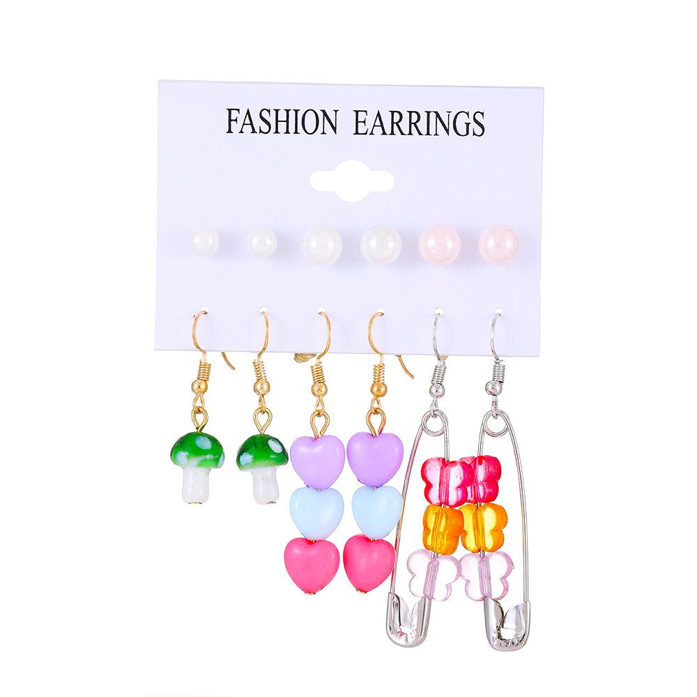 Ins color butterfly heart earring set fashion pearl flower mushroom earring six-piece set trendy