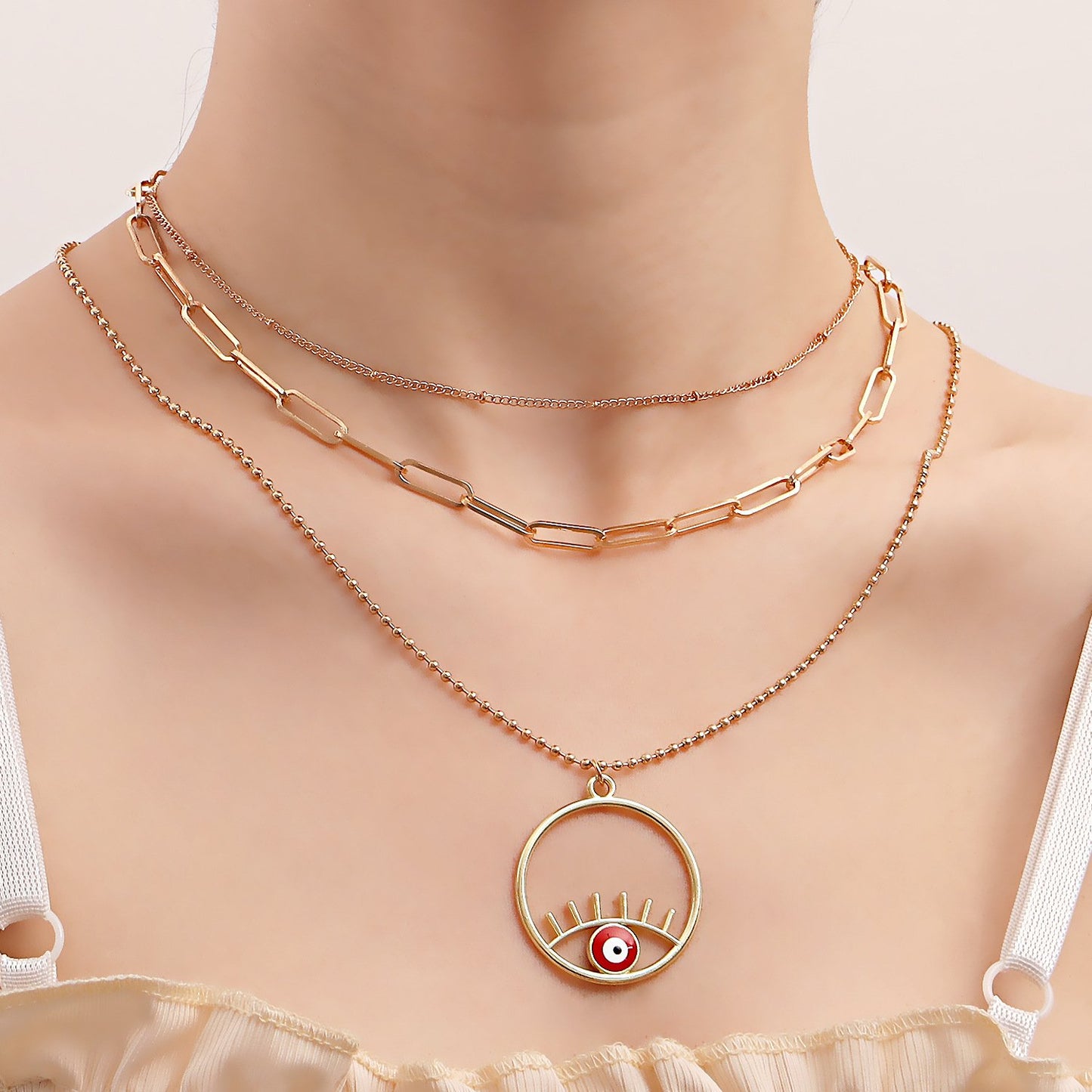 Jewelry Retro Contrast Color Personality Eye Geometric Necklace Ethnic Multi-layer Ring Pendant Necklace