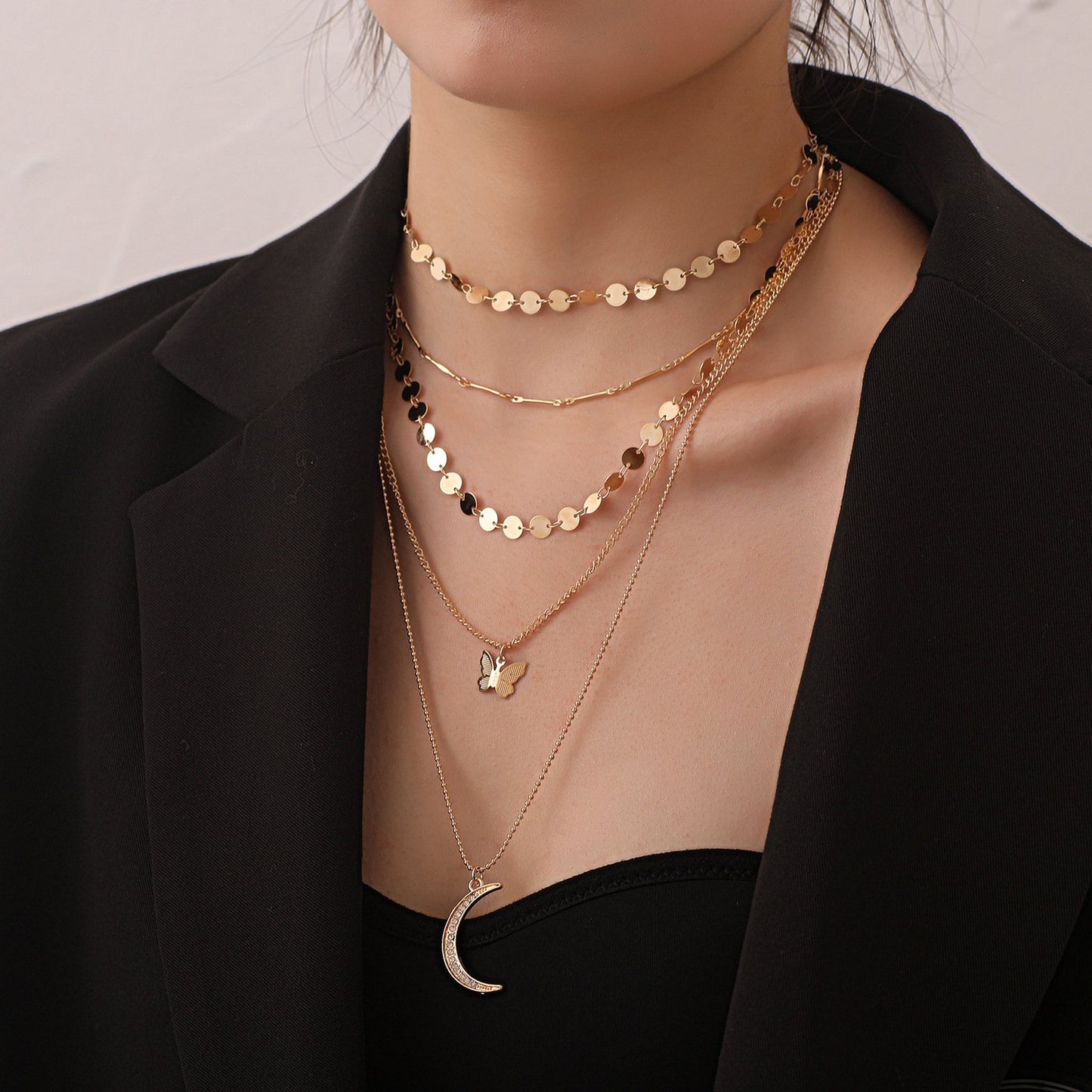 Jewelry Fashion Diamond Crescent Pendant Necklace Women's Popular Disc Chain Straight Tube Multilayer Necklace