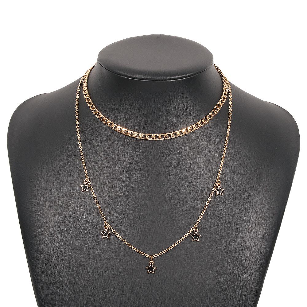 N9267 Double Pentagram Necklace Geometric Drip Oil Elegant Necklace Metal Texture Fashion Clavicle Chain Women