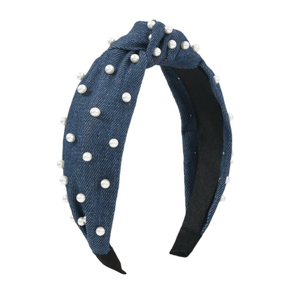 F479 Simple solid color knotted headband imitation pearl denim daily going out washing face ladies headband