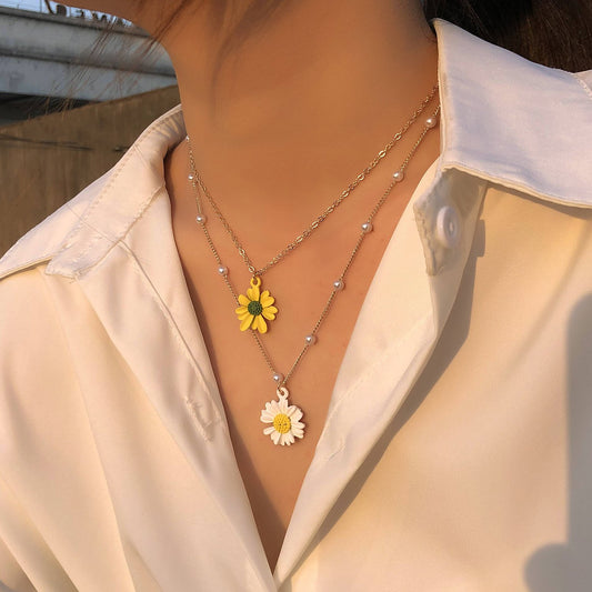 Jewelry Explosive Pearl Daisy Pendant Necklace Female Hip Hop Fashion Versatile Double Layer Necklace