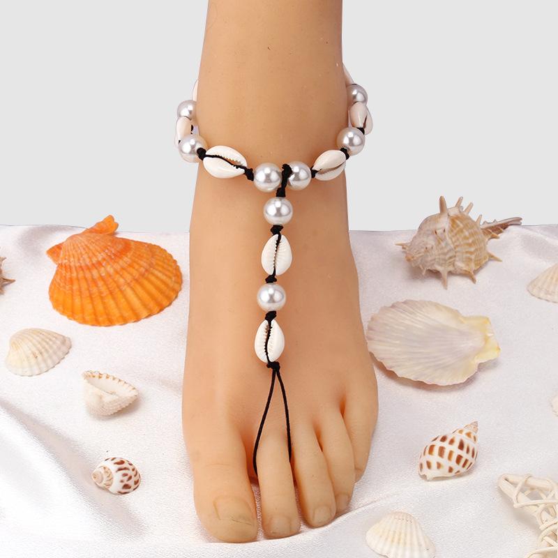 Jewelry Ethnic Handmade Shell Pearl Finger Anklet Female Simple Beach Weaving Foot Jewelry Female