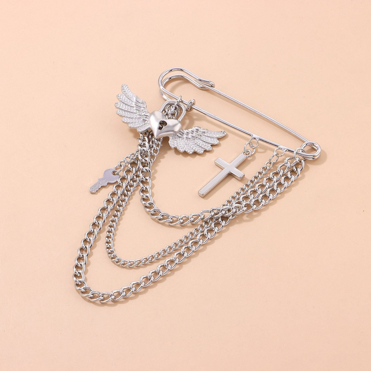 Jewelry Ladies Love Lock Wings Brooch Personality Trendy Chain Cross Pin Pendant