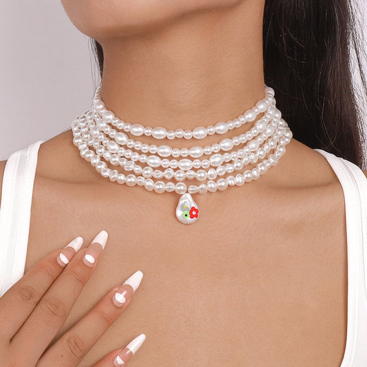 N162 French Retro Elegant Necklace Pearl Drop Oil Printing Stacked Necklace Personality Light Luxury Necklace