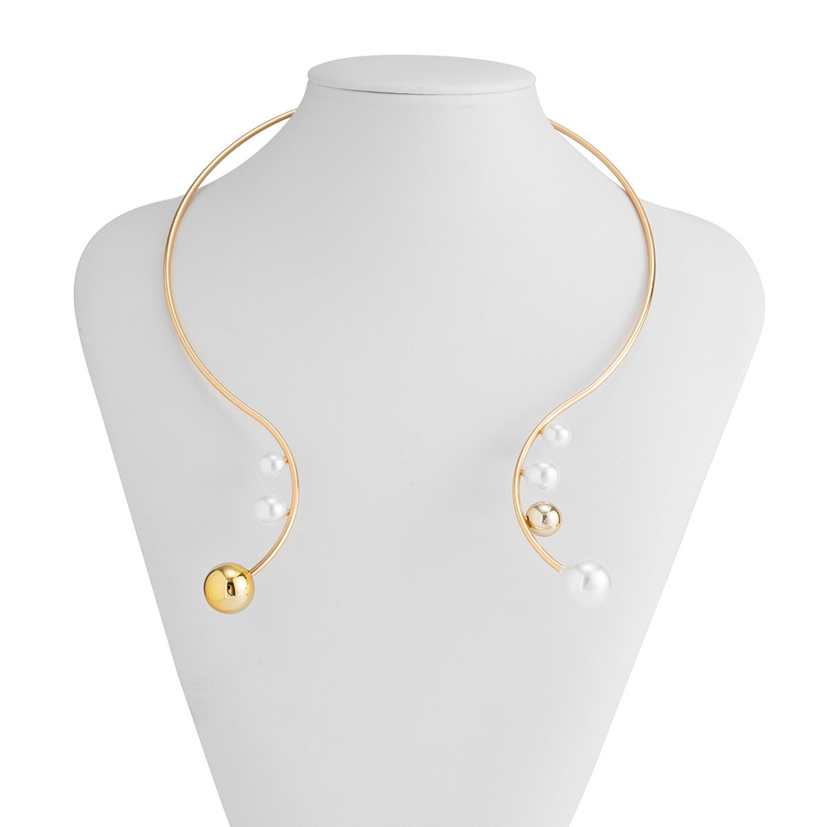 Jewelry Personality Geometric Asymmetric Imitation Pearl Open Necklace Niche Design Sense Round Bead Necklace