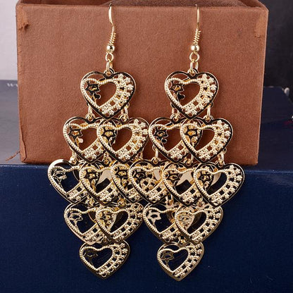 Long Hollow Heart Shape Metal String Earrings Fashion Rhombus Sequin Earrings