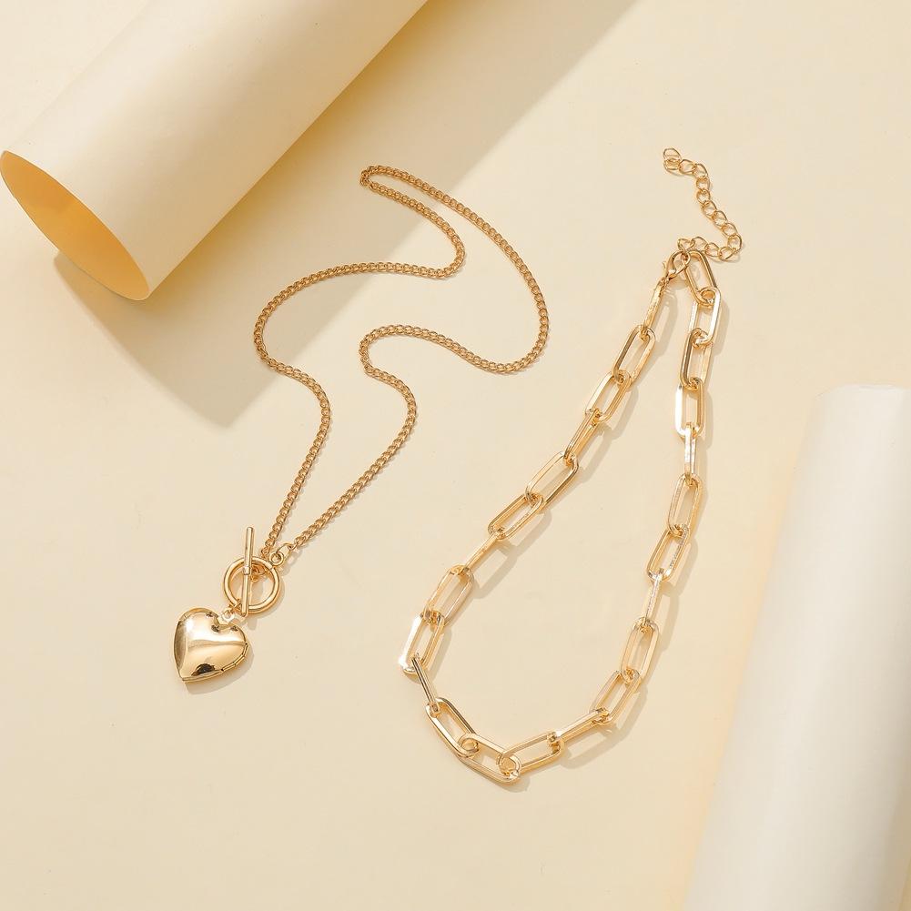 Jewelry ins personality heart-shaped pendant fashion metal exaggerated thick chain OT buckle multi-layer necklace