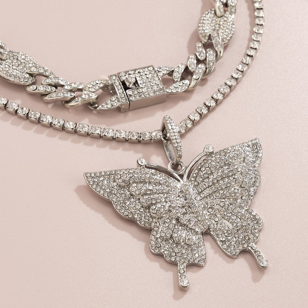 Jewelry Hip Hop Full Diamond Cuban Chain Necklace Female Trend Diamond Big Butterfly Clavicle Necklace