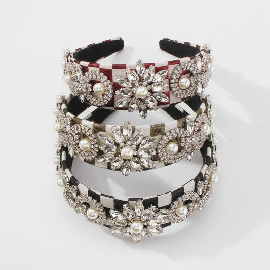 F3716 Jewelry Plaid Exaggerated Palace Rhinestone Flower Headband Imitation Pearl Light Luxury Headband Female